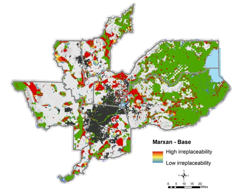 Map of Marxan conservation priority results, shading land from high to low irreplaceability