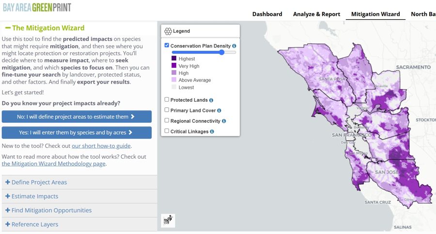 Screenshot of the Mitigation Wizard in the Bay Area Greenprint, with a map of the nine-county Bay Area